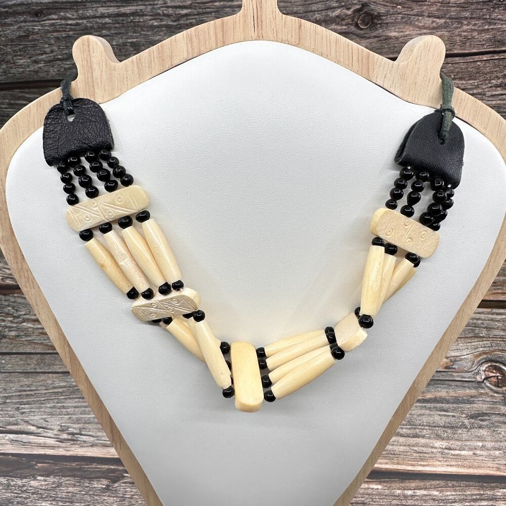 Black Beaded Cream Tone Carved Look Necklace Tie Cord Boho Statement Festival